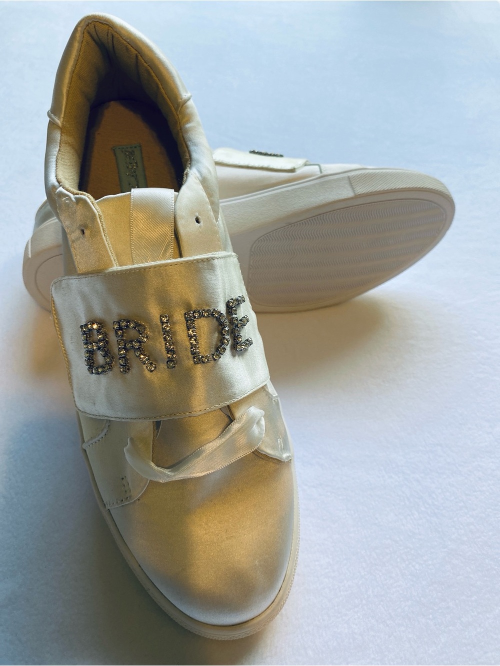 Betsey Johnson Ivory Satin 'BRIDE' Embellished Slip-On Sneakers
